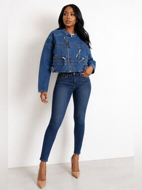 NWT Good American Cropped Denim Moto Jacket M | Zip Detail | Trendy